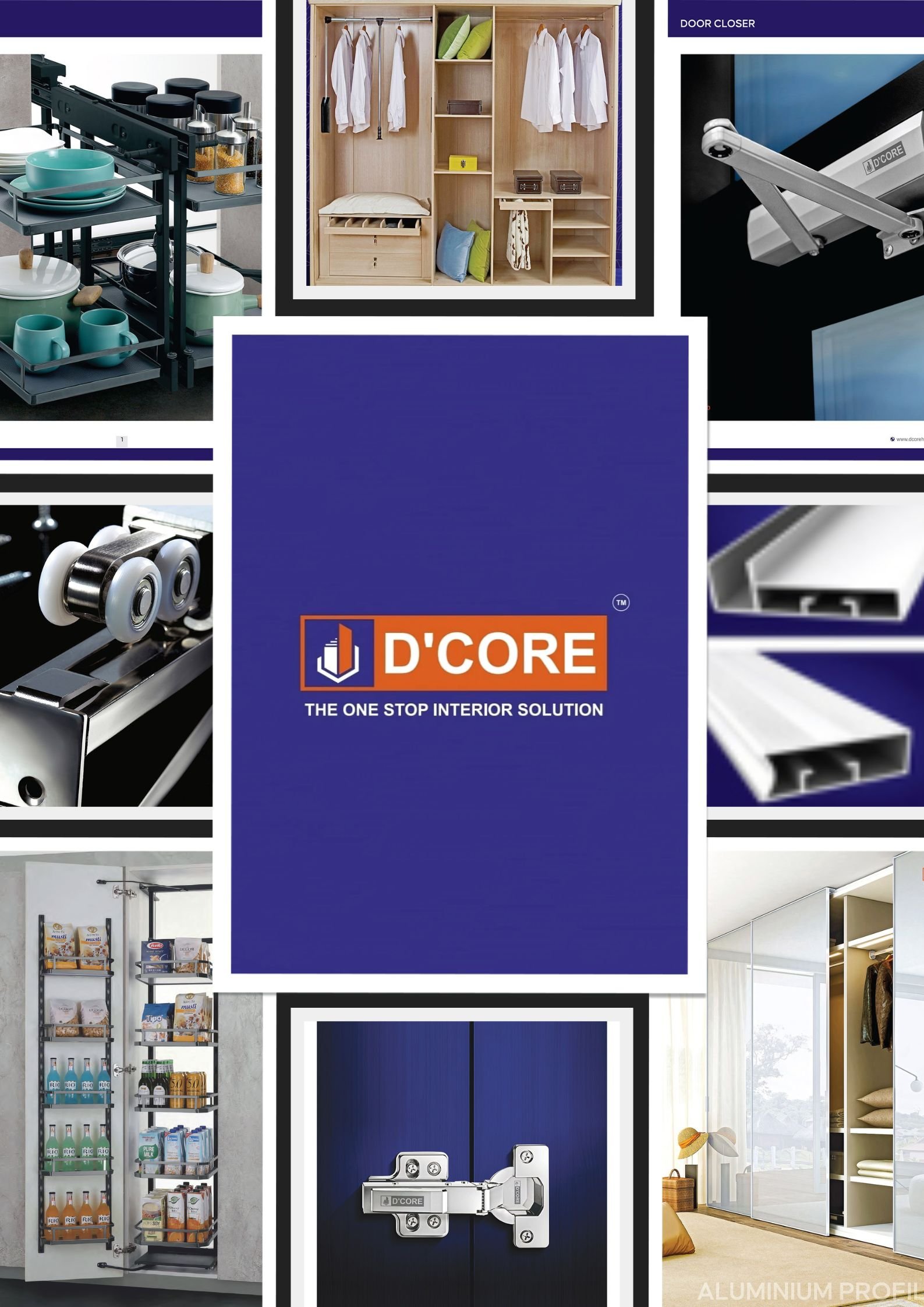 Range of Dcore products including modular kitchen and wardrobe fittings, auto hinges, aluminium profile and other hardware solutions